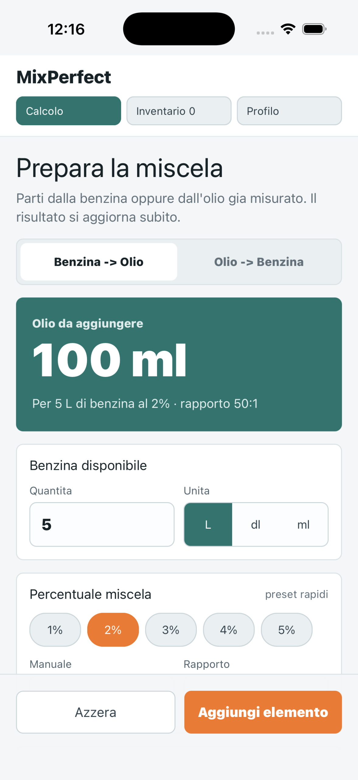 MixPerfect: calcolo della miscela
