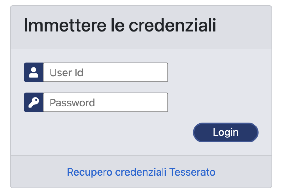 Riquadro di login dell’area riservata Federgolf: campi User Id e Password, pulsante Login e link Recupero credenziali Tesserato