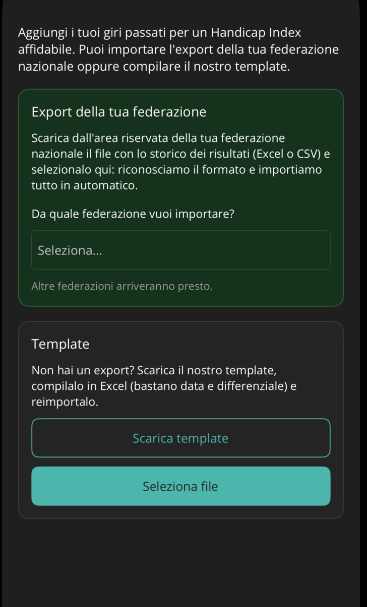 Schermata di import di GolfTracker: scelta della federazione da cui importare oppure download del template