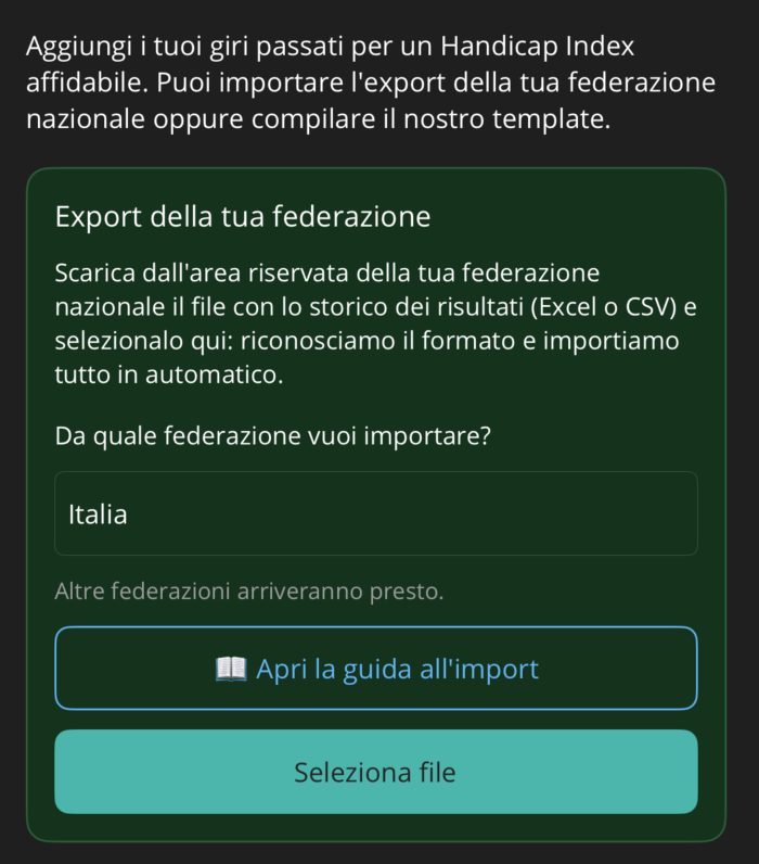 Schermata di import di GolfTracker con federazione Italia selezionata: pulsanti Apri la guida all’import e Seleziona file