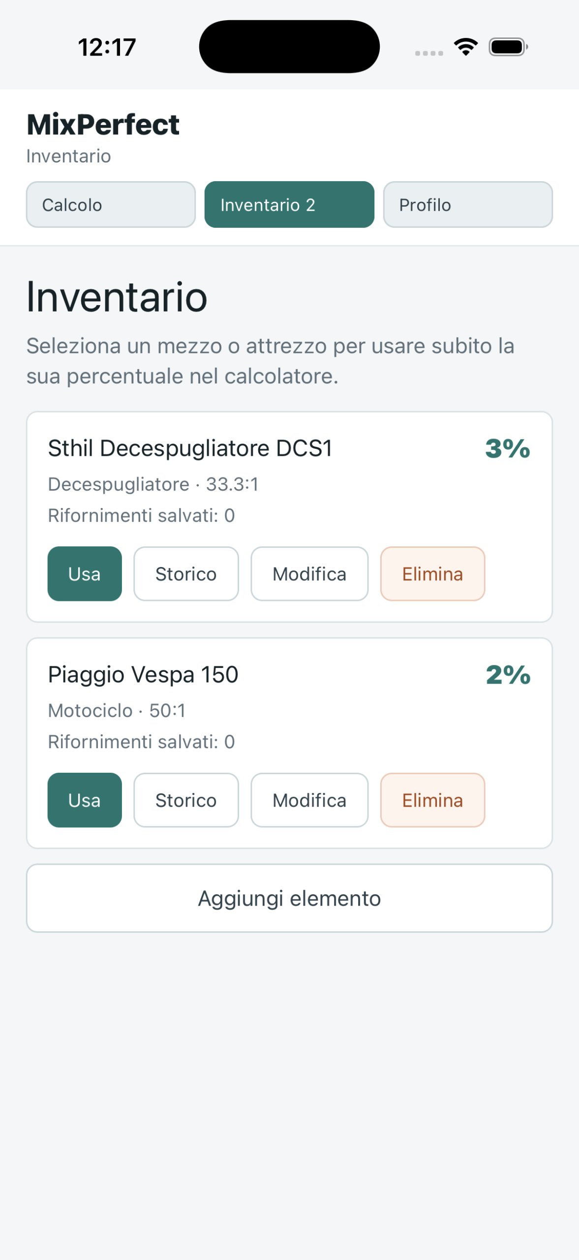 Schermata inventario mezzi e attrezzi di MixPerfect
