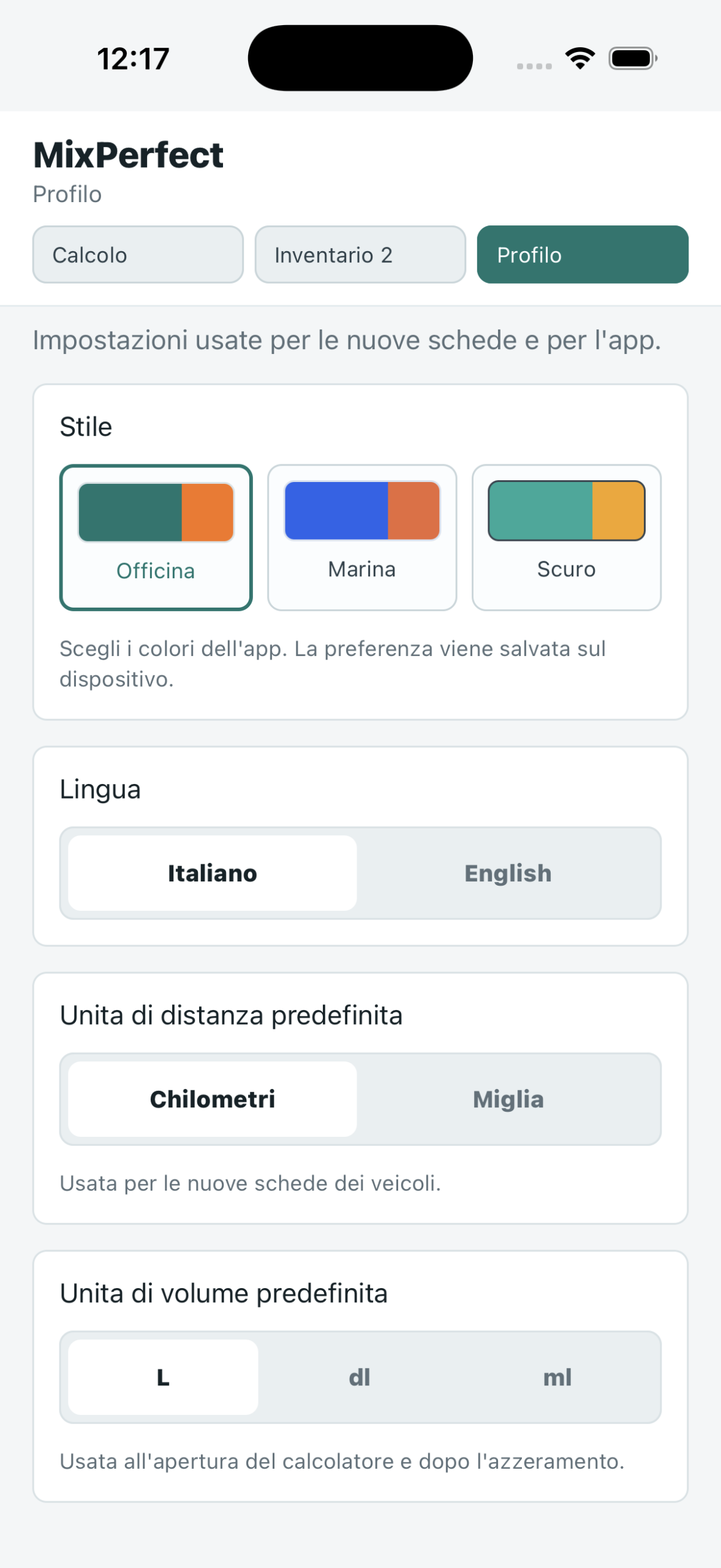 Schermata profilo di MixPerfect con temi e preferenze